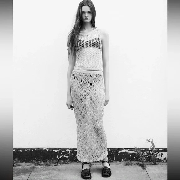 Zara crochet metallic thread meshopen knit skirt, festival
